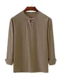 Close-up of khaki cotton shirt featuring decorative lace-up V-neck and intricate pattern trim. - S / Top (LR Drawstring V-Neck Shirt) / Coffee