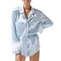 Light blue satin pajama set with white feather cuffs on long sleeves and shorts. - L / Top And Bottom / Blue