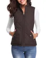 Classic women's warm quilted vest with stand collar and zipper pockets in dark brown - Coffee
