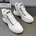 Modern white high-top sneakers for men featuring chunky platform soles and metal buckles. - 38 / White