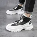 Men's trendy high-top sneakers featuring chunky soles and black/white color-block design. - 38 / Black (Fleece Lined)