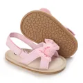 Detailed view of pink baby girl sandals with lace bow and non-slip soft sole - Pink