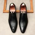 Elegant black crocodile-embossed men's pointed-toe leather dress shoes for business - 44 / Slip-on (961) / Black