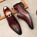 Premium burgundy crocodile embossed men's formal dress shoes with a sleek pointed toe design - 36 / Slip-on (961) / Burgundy
