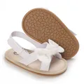 Detailed view of white baby girl walker sandals with lace bow and soft anti-slip sole - White