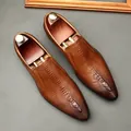 Elegant men's brown dress shoes with crocodile texture and a classic pointed toe design - 36 / Slip-on (961) / Yellow Brown