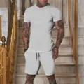 Light grey men's two-piece sports set featuring crew neck T-shirt and drawstring shorts - M / Top And Bottom / Light Gray