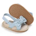 Detailed view of blue baby girl sandals with lace bow and non-slip rubber soft sole - Light Blue