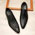 Premium black men's leather dress shoes featuring unique 3D crocodile head embossed design - 36 / Lace-up Style (961) / Black
