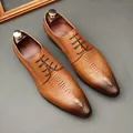 Elegant brown leather dress shoes featuring crocodile texture and sharp pointed toe - 36 / Lace-up Style (961) / Yellow Brown