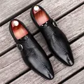 Premium men's black leather monk strap dress shoes featuring unique crocodile embossed pattern. - 36 / Buckle Style (961) / Black