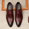 Men's oxblood leather dress shoes with embossed crocodile pattern and monk strap buckle - 36 / Buckle Style (961) / Burgundy
