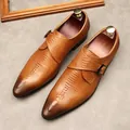 Men's tan crocodile-embossed leather monk strap dress shoes with pointed toe - 36 / Buckle Style (961) / Yellow Brown