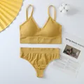 Conjunto de lencería amarillo sin aros de cómodo algodón de canalé para mujer, dos piezas - Amarillo