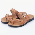 Comfortable women's brown microfiber flat sandals featuring stylish adjustable buckles - 35 / Yellow Brown