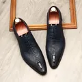 Dark blue men's pointed leather shoes with embossed crocodile pattern and toe detail - 38 / Lace-up Style / Blue