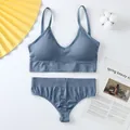 Conjunto de lencería azul acanalado sin costuras con cuello en V para mujer - Azul