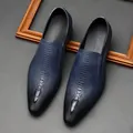 Premium navy blue men's leather loafers with crocodile embossed pattern and pointed toe - 38 / Slip-on (961) / Blue