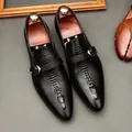 Men's black leather monk strap shoes with embossed crocodile pattern and pointed toe - 38 / Monk Strap (961) / Black
