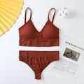 Conjunto de lencería de canalé terracota sin costuras con sujetador sin aros suave - Caramelo
