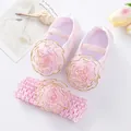 Conjunto de zapatos de princesa y diadema para bebé rosa con detalles de flores de rosa - Rosa con Flor de Borde Dorado y Diadema / Size 11 (Inner Length 10.5cm)
