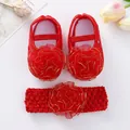 Adorable conjunto de zapatos de princesa rojos y diadema de flores para bebés niñas - Rojo con Flor de Borde Dorado y Diadema / Size 11 (Inner Length 10.5cm)