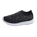 Cómodas zapatillas slip-on de flyknit negro transpirable para mujer con pedrería - Negro