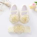 Detailed view of cream lace baby girl shoes and matching rose flower headband set - Beige With Gold Trim Flower and Headband / Size 11 (Inner Length 10.5cm)