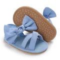 Close-up of blue baby girl sandals with large bow and textured soft rubber sole - Light Blue
