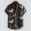 Men's casual short-sleeve shirt with tropical leaf print and lapel collar design. - S / Tops / Black Pattern