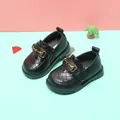Classic black toddler girls' leather shoes with gold horsebit buckle and soft sole. - Internal Length 11.5cm / Golden Horsebit Rhombic Pattern Style (2MBX5501) / Black