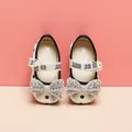 Detailed view of toddler girl's polka dot princess shoes featuring a luxury rhinestone bow - Internal Length 11.5cm / Polka Dot Rhinestone Bowknot Style (23MBX271) / Beige