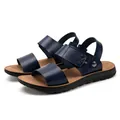 Classic men's navy blue leather sandals with durable anti-slip rubber sole for summer beach - 38 / Brown Base Dark Blue