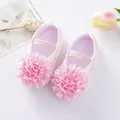 Detailed view of cute pink baby girl princess shoes with large ruffled fabric flowers - Pink