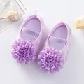 Close-up of cute purple baby princess shoes with large fabric flower decorations - Purple