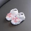 White toddler girl sandals with pink butterfly appliques and non-slip soft soles. - 17 / White