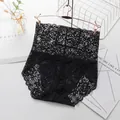 Elegant black high-waisted lace panties featuring a delicate floral pattern and scalloped edges - M / Bottoms / Black
