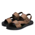 Classic brown PU leather men's sandals featuring non-slip black sole and rivet detail - 38 / Brown