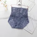 High-waisted lace panties in blue-grey featuring delicate floral mesh and scalloped edges - M / Bottoms / Violet Blue