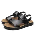 Men's black PU leather outdoor sandals featuring a non-slip sole and comfortable brown footbed. - 39 / Black