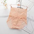 High-waist floral lace panties in soft peach, displayed on a rose gold hanger - M / Bottoms / Apricot
