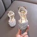 Sparkly champagne gold girls princess dress shoes featuring pearl strap and bow details - 21 / Princess Shoes / Gold
