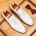 Premium white leather brogue oxford shoes for men in a classic business formal style - Off White