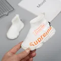 White toddler sneakers featuring soft sole and vibrant orange Supreme print design - Insole 15cm / Knit Sock Boot Style (AX028-1356) / White