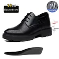 Breathable black men's formal dress shoes featuring a 10cm height increasing elevator insole - 38 / Elevator Hollowed 10CM Style (9103-1)