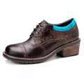 Macro view of hand-rubbed brown leather with colorful star cutouts and block wooden heel - 36 / Other (SKU1121302) / Brown