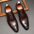 Elegant brown genuine leather Brogue dress shoes with pointed toe and wingtip detail - 37 / Coffee