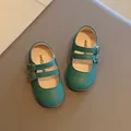 Green British style Mary Jane shoes for girls featuring double buckles and round toe design - Green
