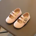 Elegant pink girl's Mary Jane leather shoes with vintage buckle and Brogue detail - 21 / Pink