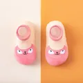 Top view of pink cartoon fox baby walking socks with soft non-slip rubber soles - Size 18/19 (Insole 11.5cm) / Pink Fox